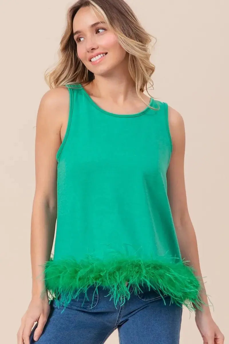 BiBi French Terry Faux Feather Bottom Back Tied Top Fashion - Love Salve